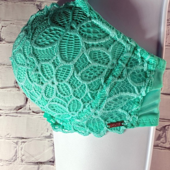 Victoria's Secret PINK Bra 32DD Teal Lace Push Up Underwire Floral Padded Charm - Picture 4 of 9